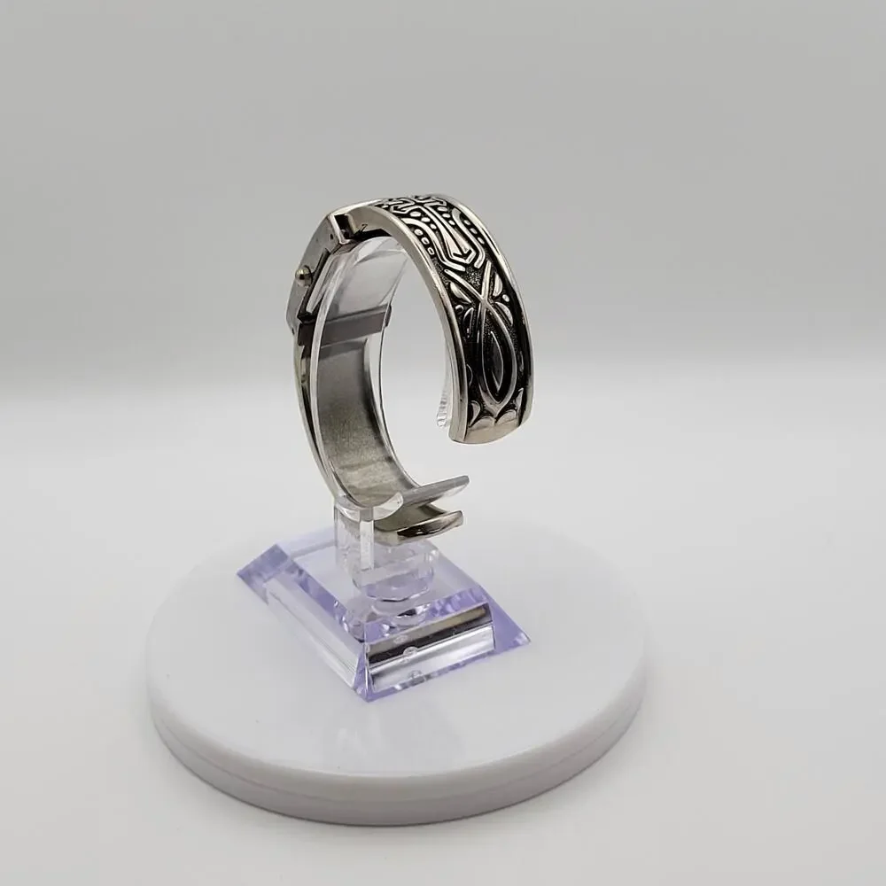Geneva Platinum Cuff Watch Mother of Pearl Dial Silver Western Engraved New BAT